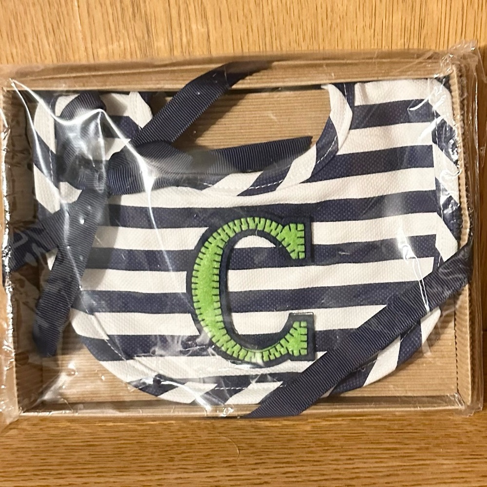 Mud Pie Navy Striped Bib w/ green “C”